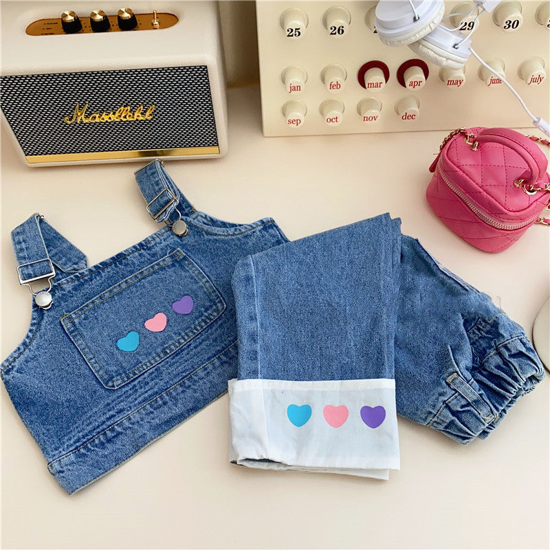 [363660] - Setelan 3in1 Oneset Cewek Baju Kodok Celana Jeans Anak Perempuan Fashion - Motif Colorful Heart