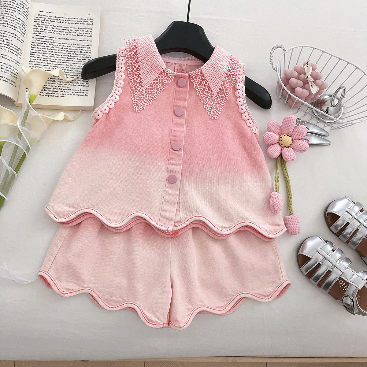 [963130] - One Set 2in1 Baju Setelan Atasan Berkerah Lengan Kutung Bawahan Celana Pendek Comfort Style Anak Perempuan Cewek - Motif Lace Top - BABYHOKI STORE - BABYHOKI STORE