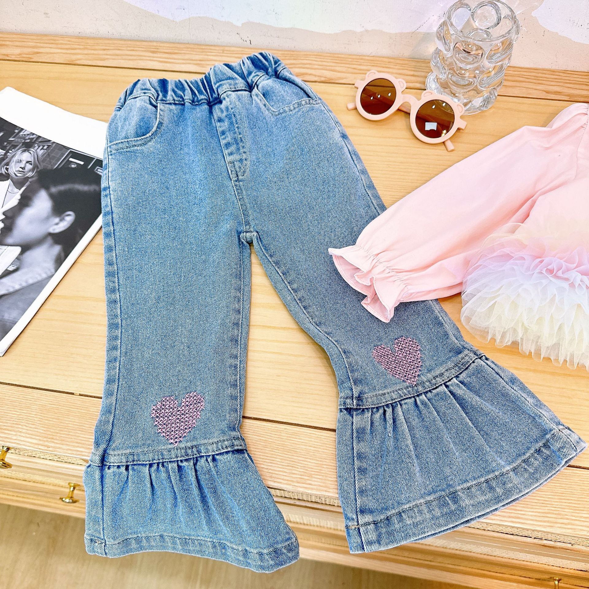 [363750] - Setelan Baju Blouse Ruffles Celana Jeans Cutbraid Fashion Anak Perempuan - Motif Rainbow Love