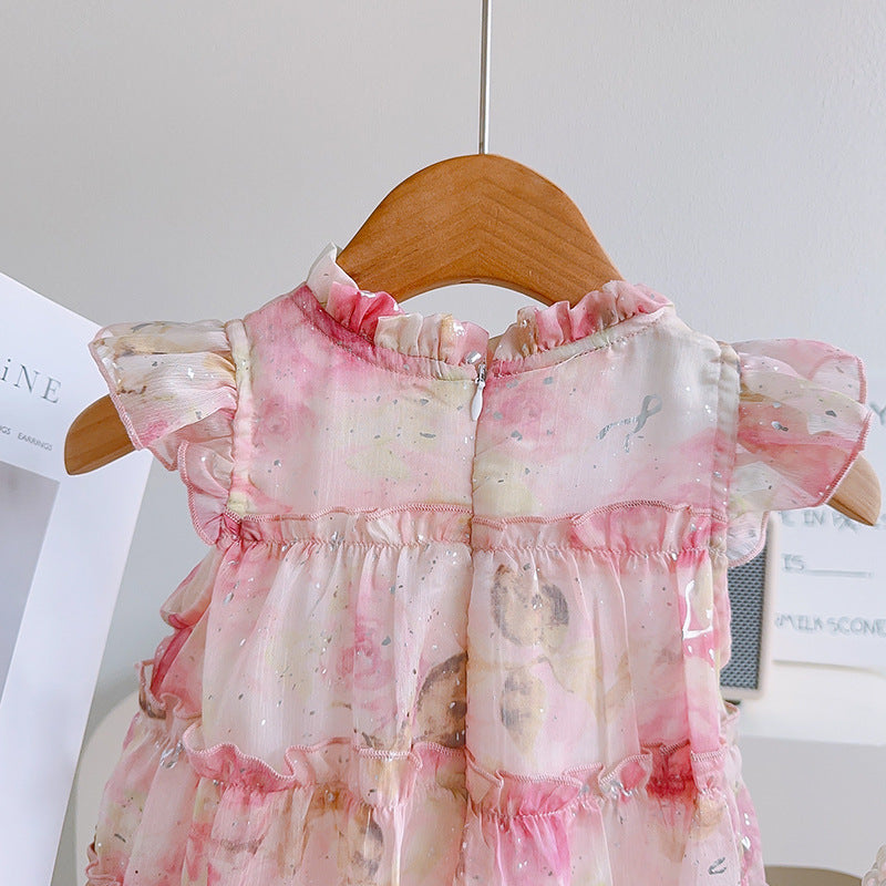 [363874] - Gaun Bunga Pink Baju Dress Ruffle Lengan Kutung Fashion Anak Perempuan Cewek - Motif Pink Floral Ruffle