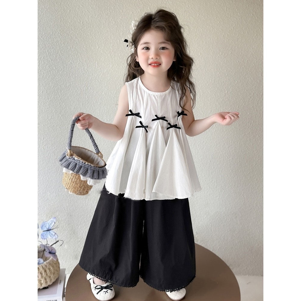 [5071079] - Baju Setelan Atasan Putih Lengan Kutung Bawahan Celana Panjang Hitam Fashion Anak Perempuan Cewek - Motif Black Bow - BABYHOKI STORE