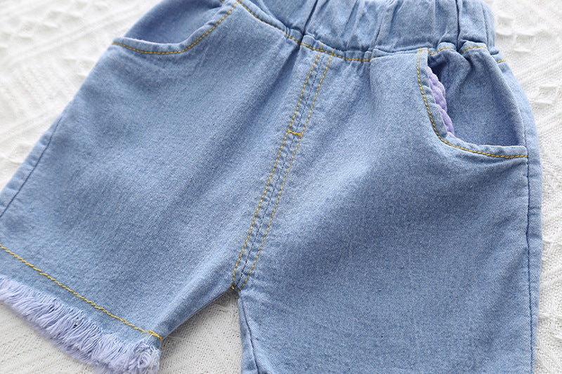[345448] - Setelan Baju Kaos Celana Pendek Jeans Import Anak Perempuan Fashion - Motif Self Love
