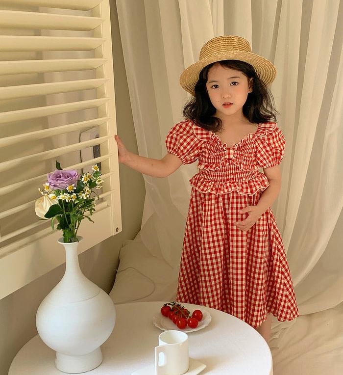 [5071038] - Baju Dress Lengan Pendek Fashion Anak Perempuan - Motif Plaid Wave