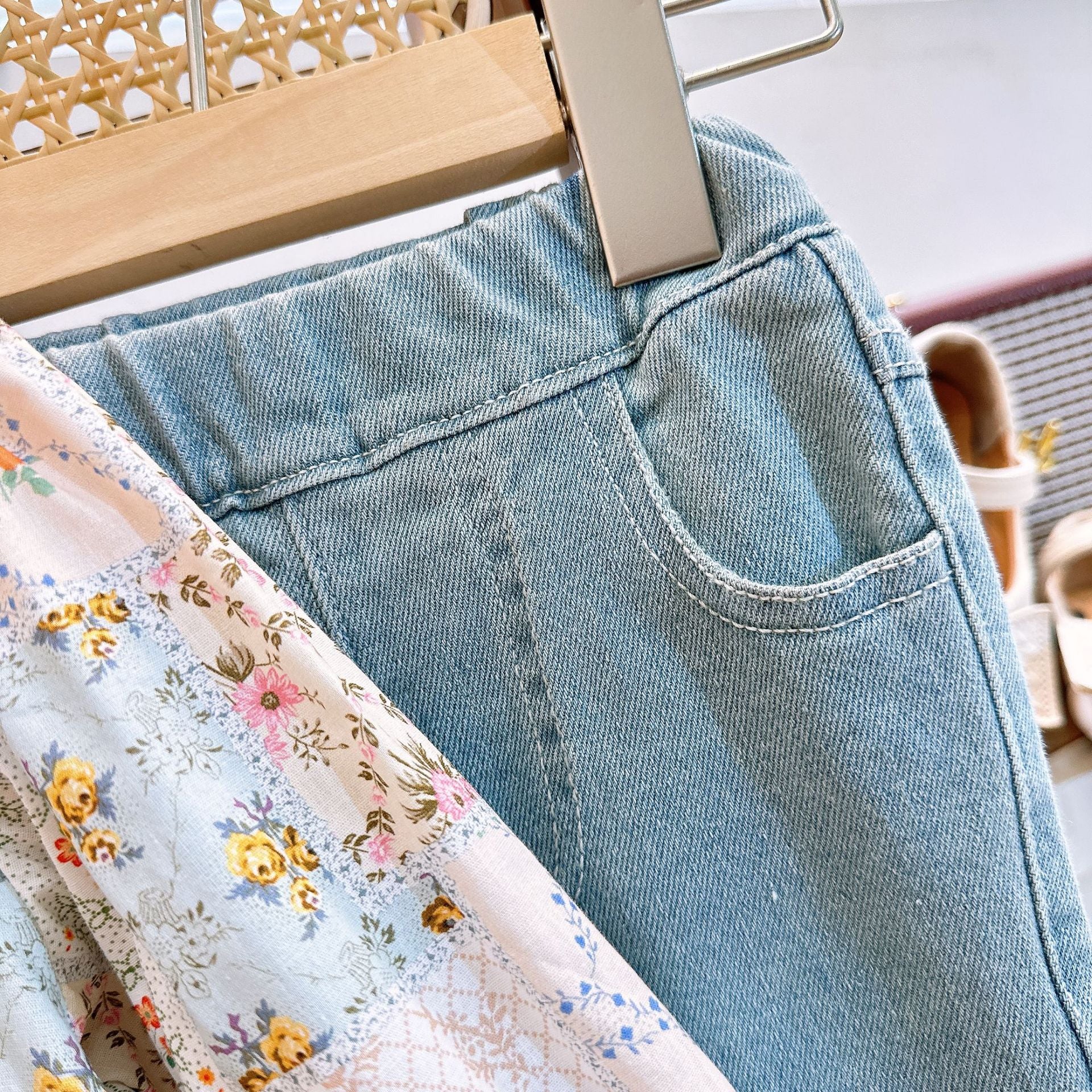 [363778] - Setelan One Set Shabby Baju Blouse Lengan Panjang Celana Jeans Tipis Panjang Fashion Anak Perempuan - Motif Star Flowers