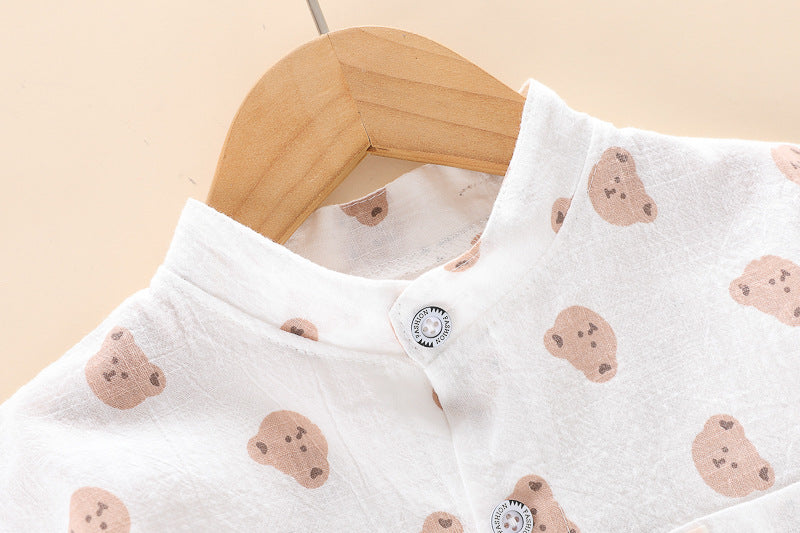 [345377] - Setelan Kemeja Koko Celana Pendek Denim Anak Laki-Laki - Motif Bear Head