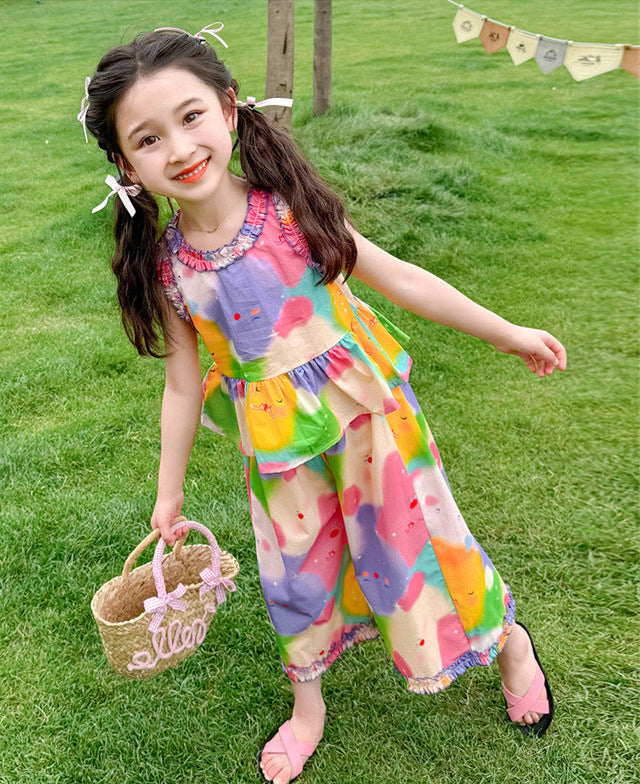 [5071057] - Setelan Baju Kutung Celana Panjang Santai Fashion Anak Perempuan - Motif Colorful Flower