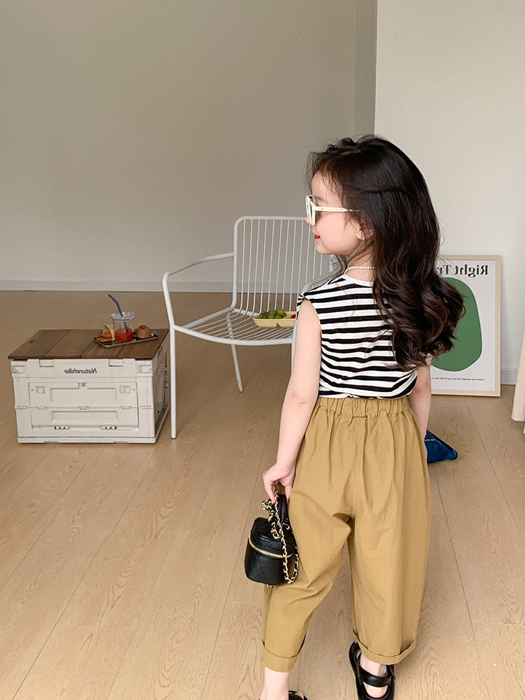 [5071046] - Baju Setelan Tanpa Lengan Celana Chino Panjang Fashion Anak Perempuan - Motif Line Stripe