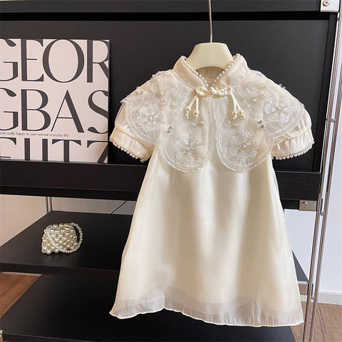 [963296] - Baju Gaun Dress Cheongsam Shanghai Imlek Lengan Pendek Korean Version Style Anak Perempuan Cewek - Motif Pearl Flower - BABYHOKI STORE