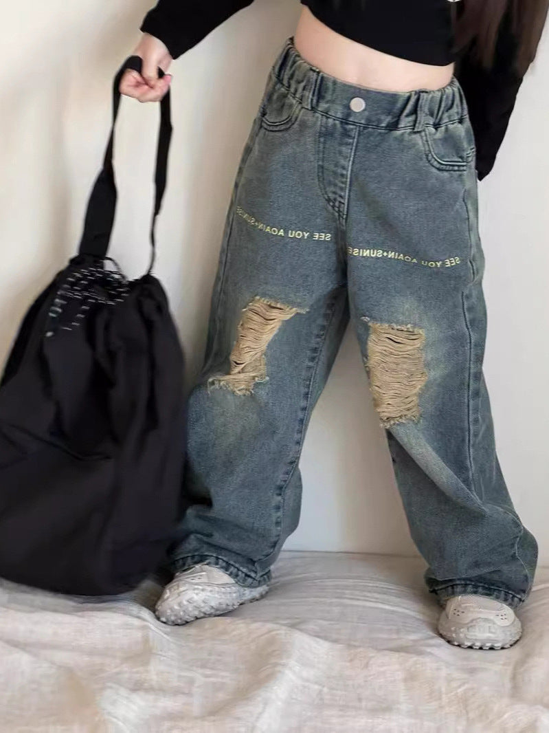 [5071076] - Bawahan Celana Panjang Kulot Jeans Sobek Fashion Anak Perempuan Cewek - Motif Retro Denim - BABYHOKI STORE