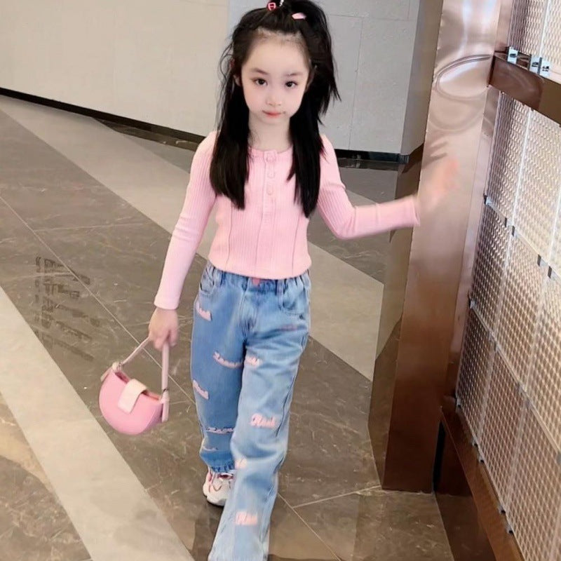 [363713] - Baju Setelan Atasan Rajut Celana Jeans Panjang Fashion Anak Cewek - Motif Letter Knit