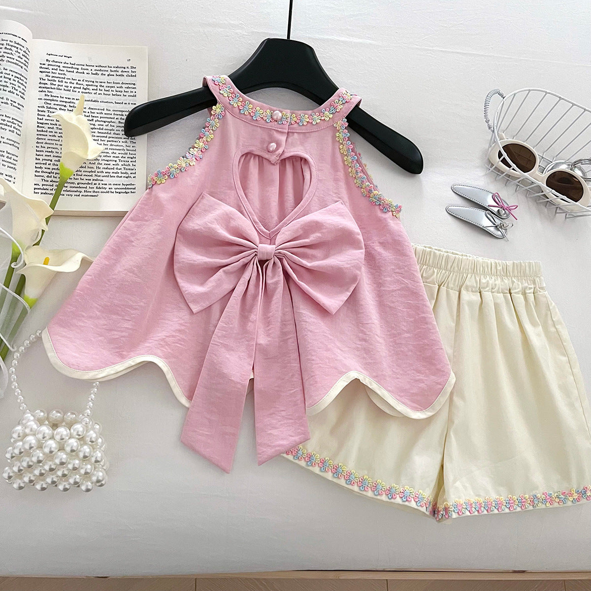 [963163] - One Set 2in1 Baju Setelan Atasan Lengan Kutung Bawahan Celana Pendek Korean Version Style Anak Perempuan Cewek - Motif Floral Bow - BABYHOKI STORE - BABYHOKI STORE
