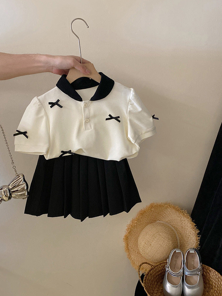 [5071101] - One Set 2in1 Baju Setelan Atasan Bow Lengan Pendek Bawahan Celana Rok Pendek Hitam Plisket Fashion Korean Style Anak Perempuan Cewek - Motif Cute Top Bow - BABYHOKI STORE