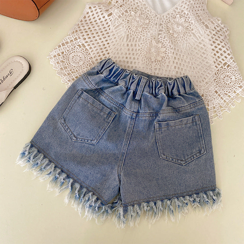 [363773] - Setelan 3 In 1 Baju Atasan Rajut Celana Pendek Jeans Fashion Anak Perempuan - Motif Flower Embroidery