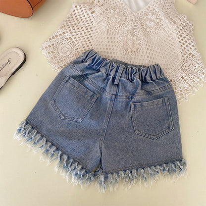 [363773] - Setelan 3 In 1 Baju Atasan Rajut Celana Pendek Jeans Fashion Anak Perempuan - Motif Flower Embroidery