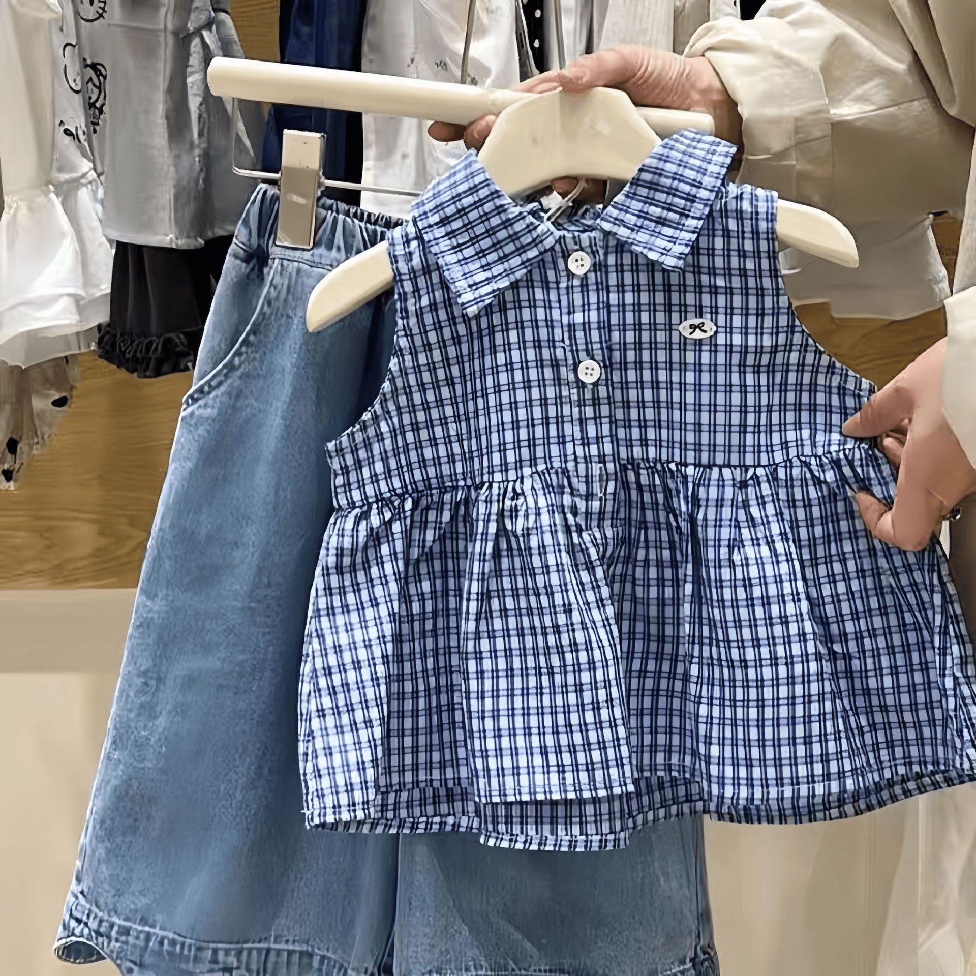 [363977] - One Set 2in1 Baju Setelan Atasan Blouse Lengan Kutung Bawahan Panjang Kulot Korean Style Fashion Style Anak Cewek Perempuan - Motif Plaid Small Ribbon - BABYHOKI STORE