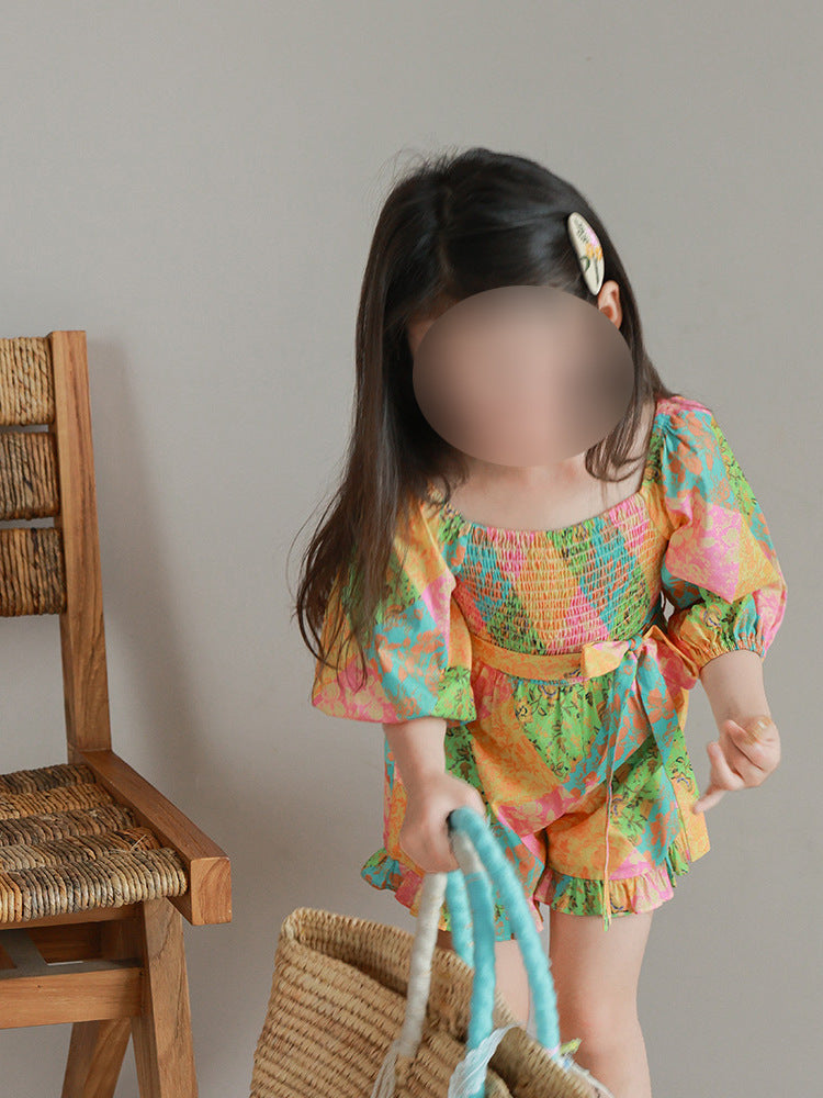 [5071102] - Baju Setelan Jumpsuit Lengan Pendek Bawahan Pendek Fashion Trendi Anak Perempuan Cewek - Motif Colorblock Floral - BABYHOKI STORE