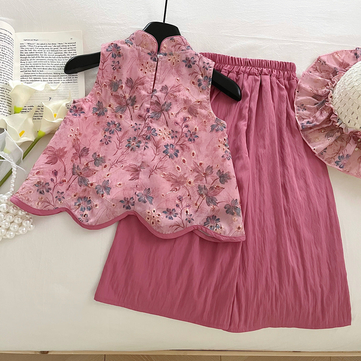 [963196] - One Set 2in1 Baju Setelan Cheongsam Shanghai Imlek Atasan Lengan Kutung Bawahan Celana Panjang Chinese Fashion Anak Perempuan Cewek - Motif Basic Color Pink - BABYHOKI STORE