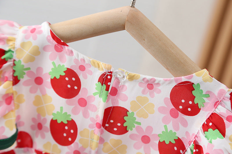 [352382] - Baju Mini Dress Pantai Fashion Anak Perempuan - Motif Ribbon Strawberries