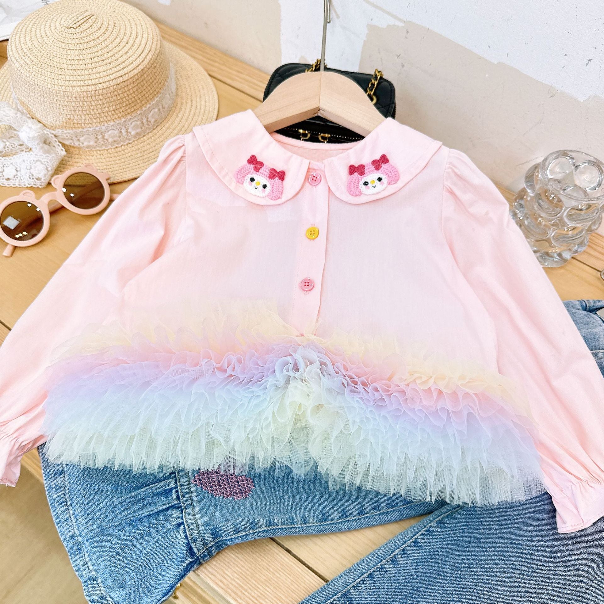[363750] - Setelan Baju Blouse Ruffles Celana Jeans Cutbraid Fashion Anak Perempuan - Motif Rainbow Love
