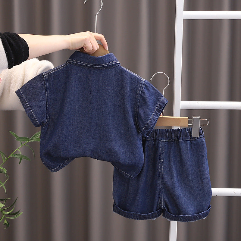 [368575] - One Set 2in1 Baju Setelan Atasan Kemeja Lengan Pendek Bawahan Celana Pendek Fashion Casual Summer Anak Laki Laki Cowok - Motif Denim Words - BABYHOKI STORE - BABYHOKI STORE