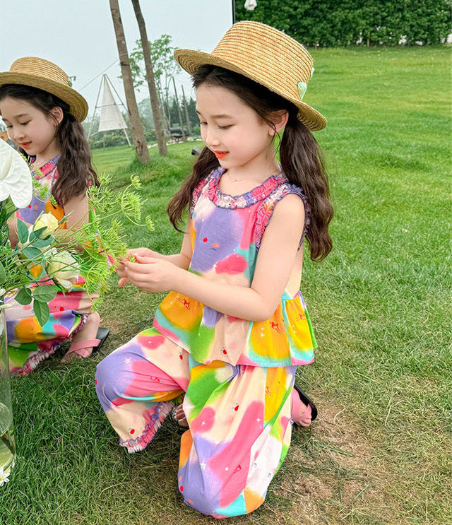 [5071057] - Setelan Baju Kutung Celana Panjang Santai Fashion Anak Perempuan - Motif Colorful Flower