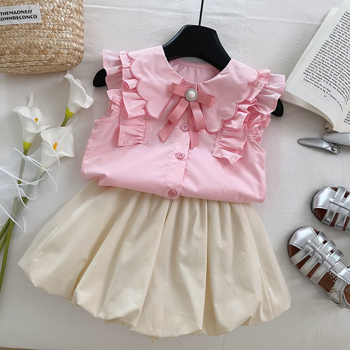 [963206] - One Set 2in1 Baju Setelan Atasan Blouse Lengan Kutung Bawahan Celana Pendek Comfort Version Style Anak Perempuan Cewek - Motif Ruffled Shoulders - BABYHOKI STORE - BABYHOKI STORE