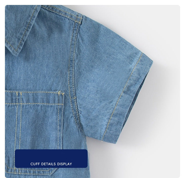[5131090] - Baju Kemeja Denim Lengan Pendek Fashion Anak Laki-Laki - Motif Stitching Texture