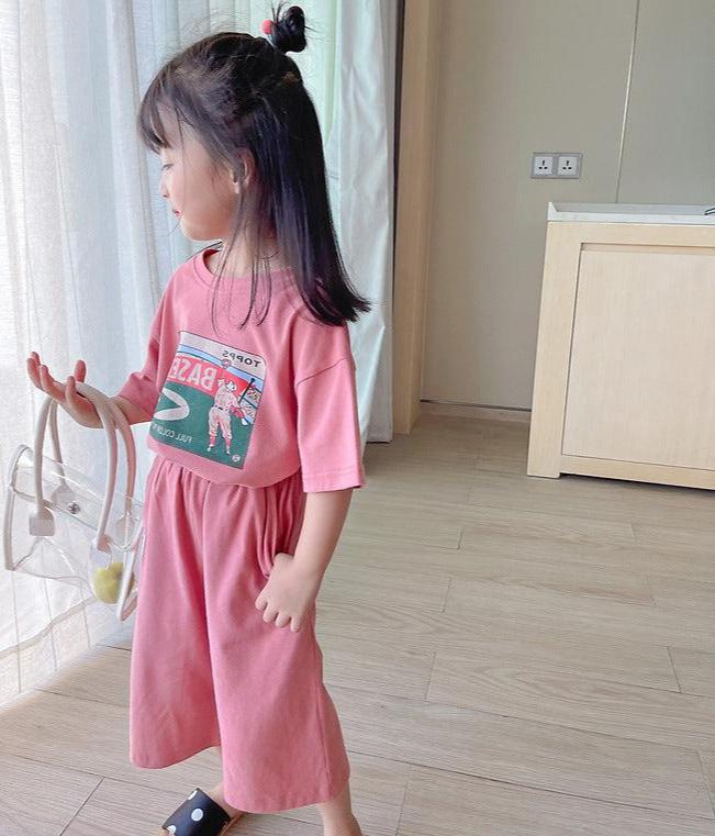 [507S136] - Setelan Baju Lengan Pendek Celana Panjang Fashion Anak Perempuan - Motif Baseball