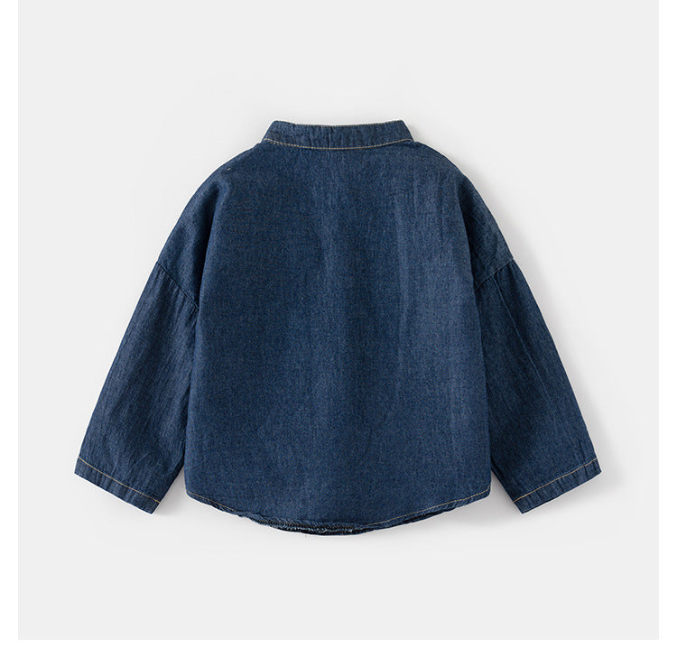 [5131102] - Baju Kemeja Koko Denim Lengan Panjang Fashion Anak Cowok - Motif Elbow Stitching