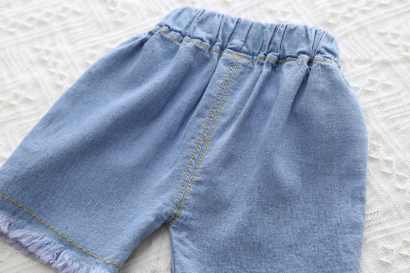 [345447] - Baju Setelan Kaos Celana Pendek Jeans Import Anak Perempuan Fashion - Motif Girl Hair