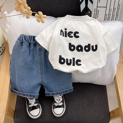 [345431] - Baju Setelan Kaos Lengan Pendek Celana Pendek Jeans Anak Cowok Fashion - Motif Cute Wink