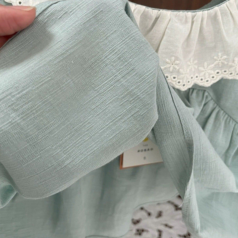 [363872] - One Set Anak Cewek Korea Style Mint Brokat Baju Setelan Atasan Lengan Ruffle Pendek Bawahan Celana Pendek Renda Fashion Anak Perempuan