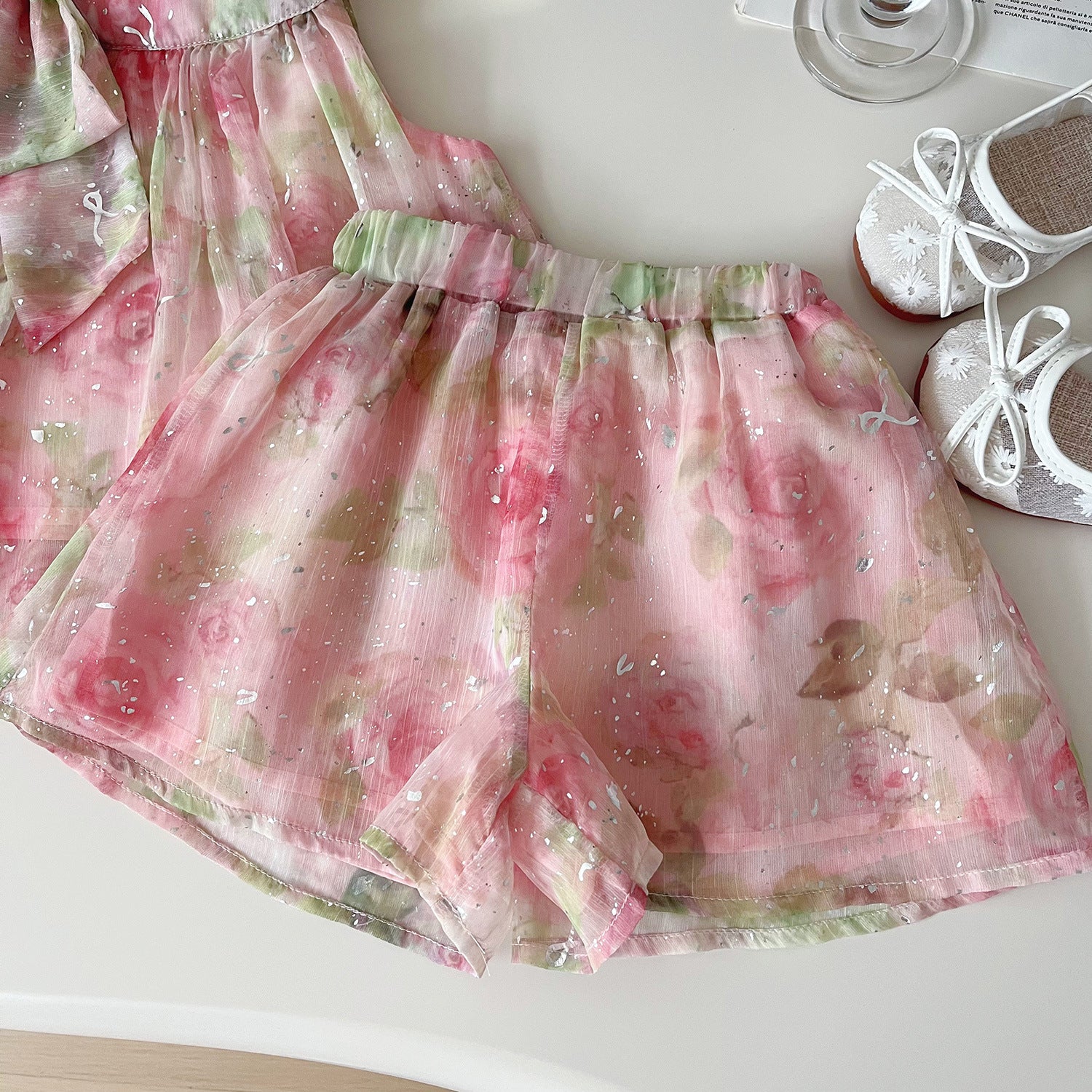 [963292] - One Set 2in1 Baju Setelan Atasan Lengan Kutung Bawahan Celana Pendek Korean Version Style Anak Perempuan Cewek - Motif Chiffon Floral - BABYHOKI STORE