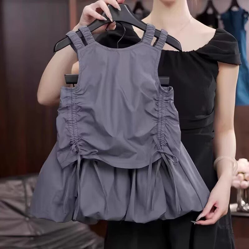 [5071183] - One Set 2in1 Baju Setelan Atasan Lengan Kutung Bawahan Rok Pendek Korean Version Style Anak Perempuan Cewek - Motif Basic Color Gray - BABYHOKI STORE