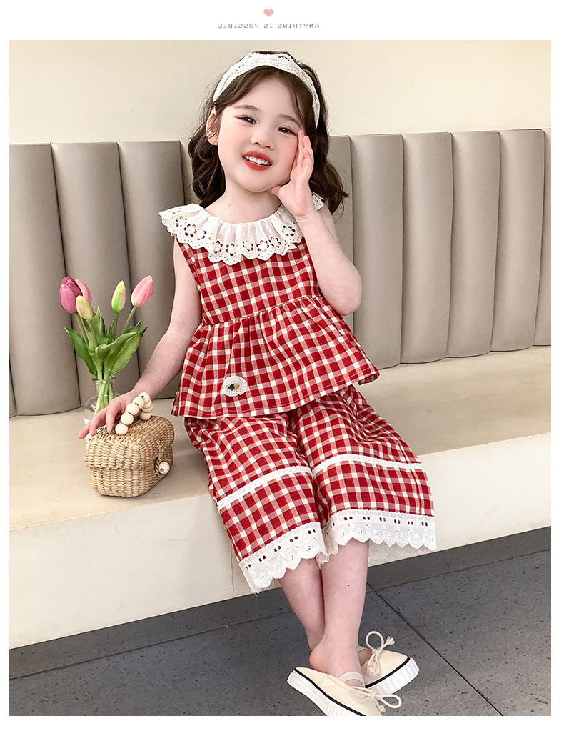 [5071083] - One Set 2in1 Baju Setelan Atasan Renda Lengan Kutung Bawahan Celana Panjang Berenda Fashion Anak Perempuan Cewek - Motif Plaid With Lace - BABYHOKI STORE