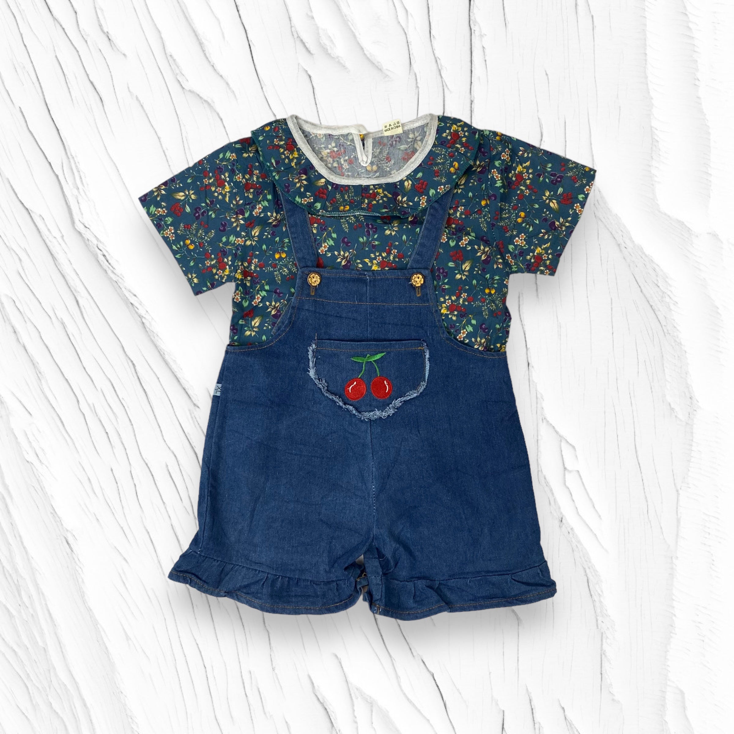 [340340-V1] - Setelan Blouse Overall Denim Anak Perempuan - Motif Cherry