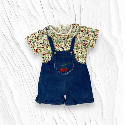 [340340-V1] - Setelan Blouse Overall Denim Anak Perempuan - Motif Cherry