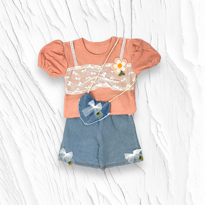 [340353-V1] - Baju Setelan Blouse Celana Jeans Fashion Anak Perempuan - Motif Vest Flower