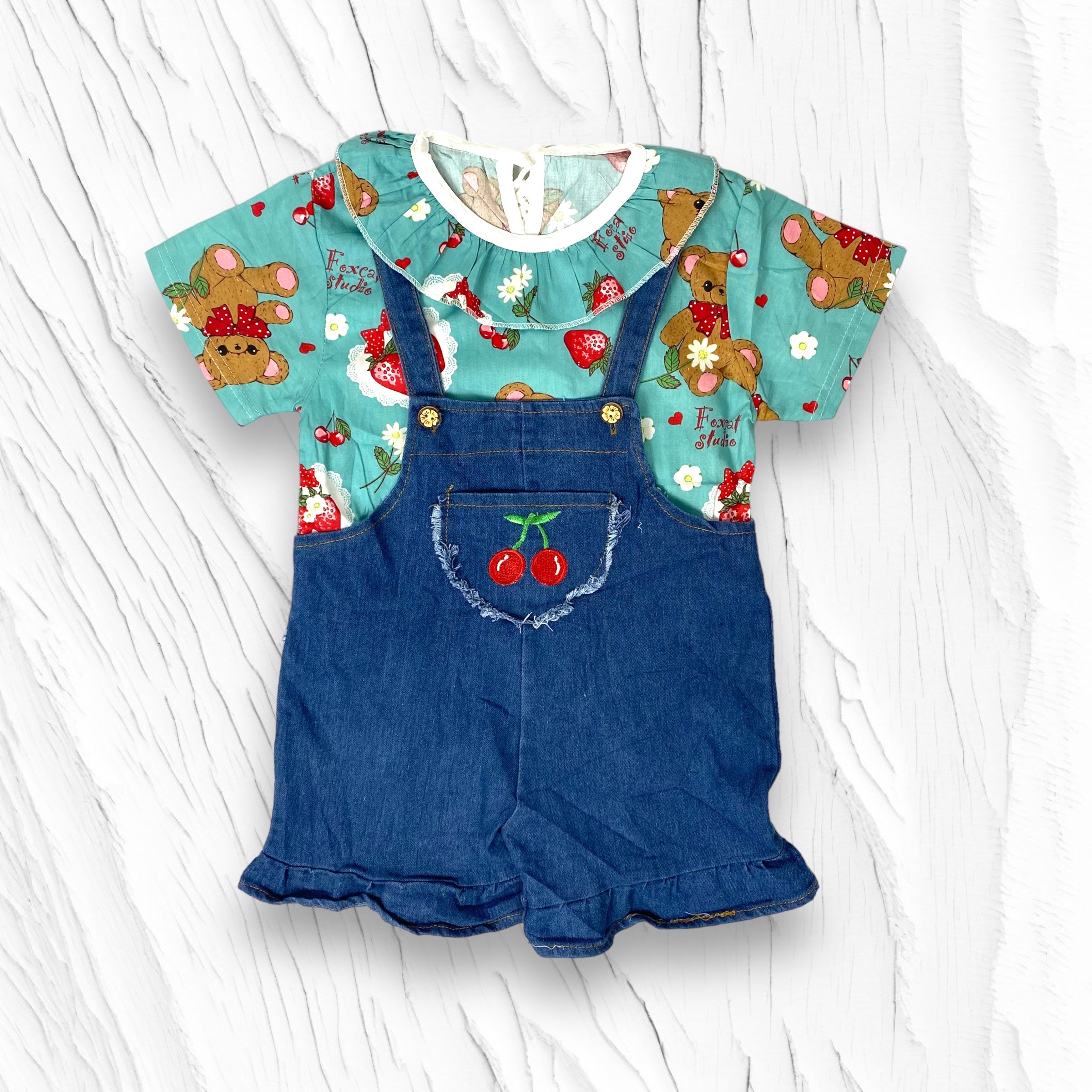 [340341-V1] - Baju Setelan Blouse Kaos Overall Fashion Anak Perempuan - Motif Ribbon Bear