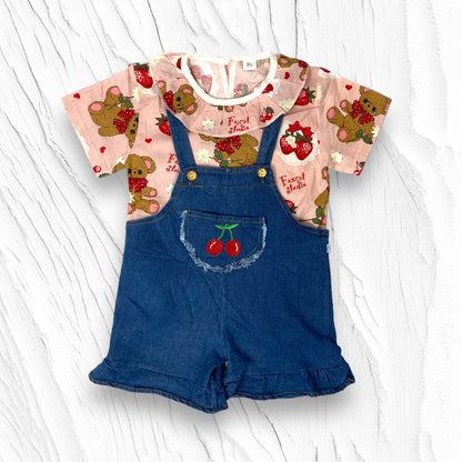 [340341-V1] - Baju Setelan Blouse Kaos Overall Fashion Anak Perempuan - Motif Ribbon Bear