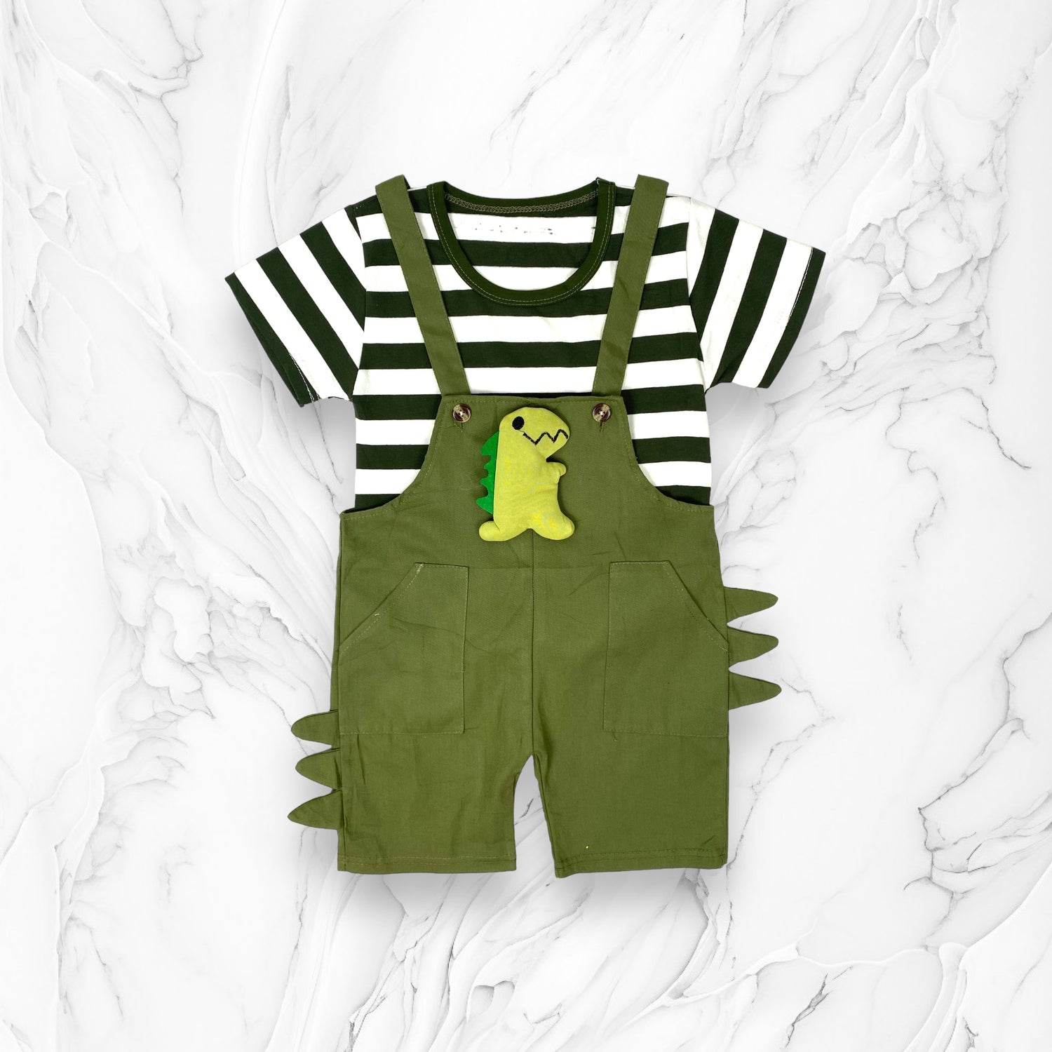 [345470-V1] - Baju Setelan Kaos Bawahan Overall Fashion Anak Cowok - Motif Dino Striped