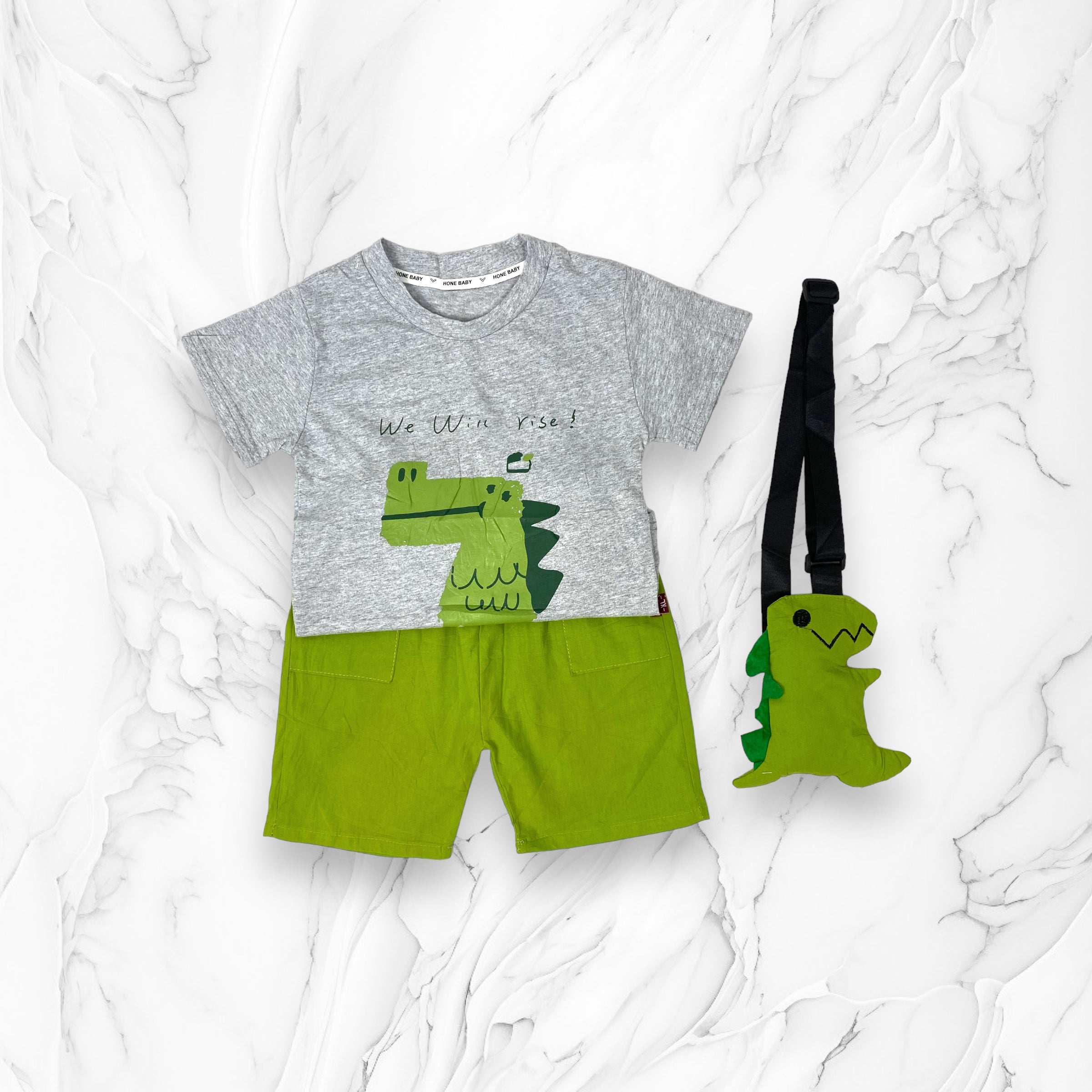 [345468-V1] - Baju Setelan Kaos Celana Pendek Fashion Anak Laki-Laki - Motif Dino Shoulder