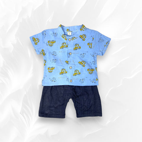[345389-V1] - Baju Setelan Kemeja Koko Celana Jeans Fashion Anak Cowok - Motif Car Pattern