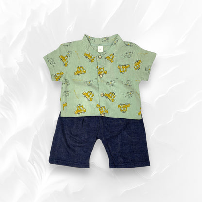 [345389-V1] - Baju Setelan Kemeja Koko Celana Jeans Fashion Anak Cowok - Motif Car Pattern