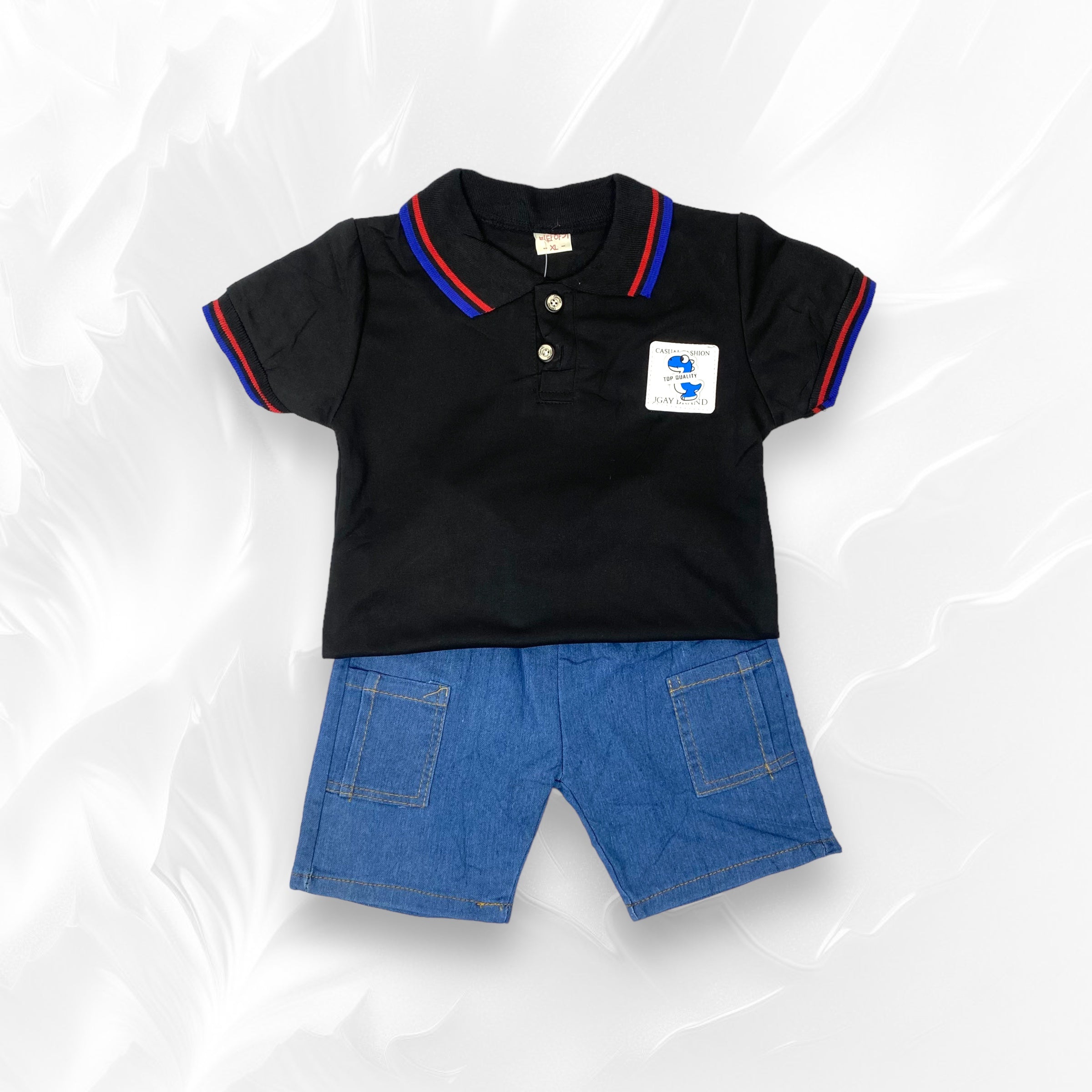 [345402] - Baju Setelan Kaos Polo Kerah Celana Pendek Denim Fashion Anak Cowok - Motif Square