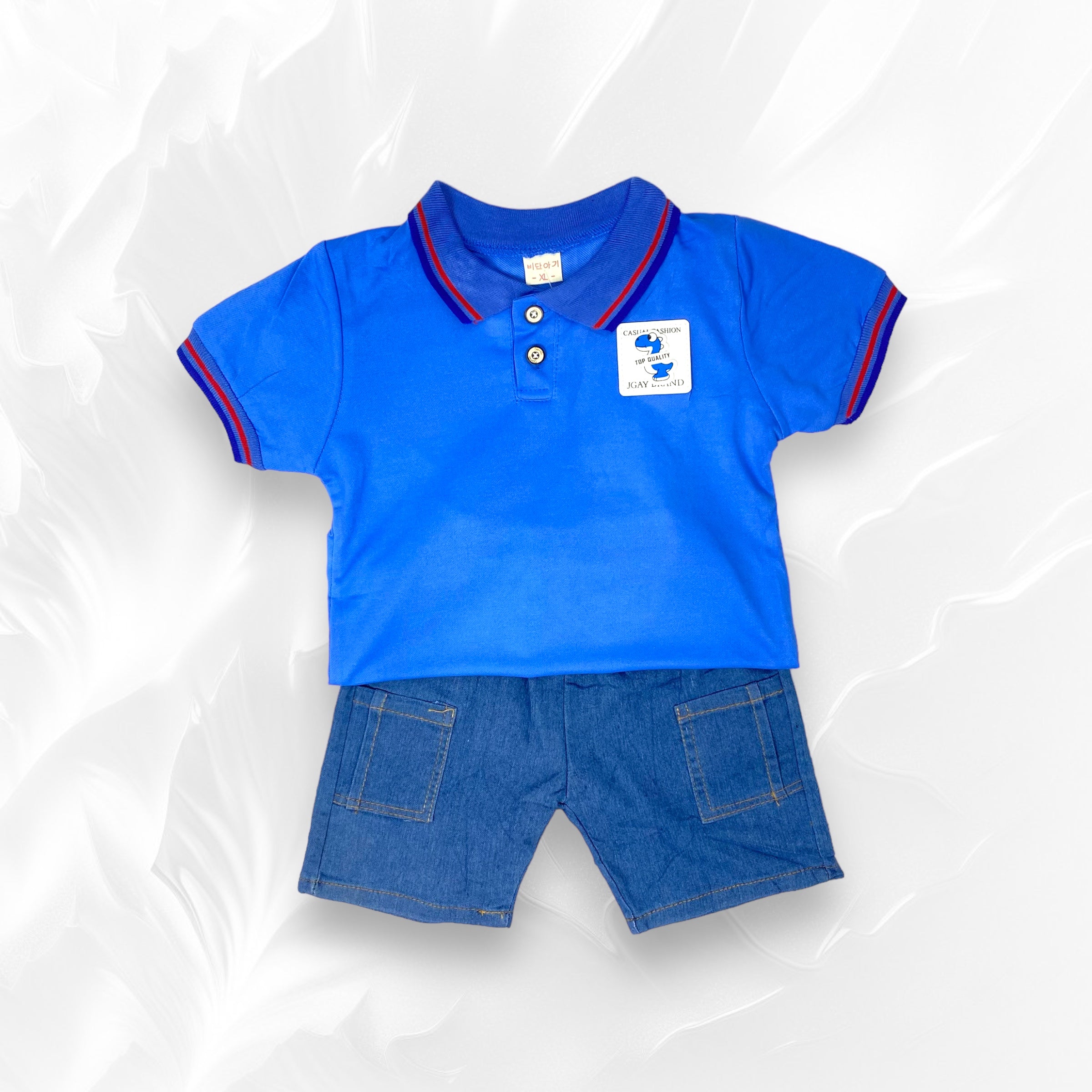 [345402] - Baju Setelan Kaos Polo Kerah Celana Pendek Denim Fashion Anak Cowok - Motif Square