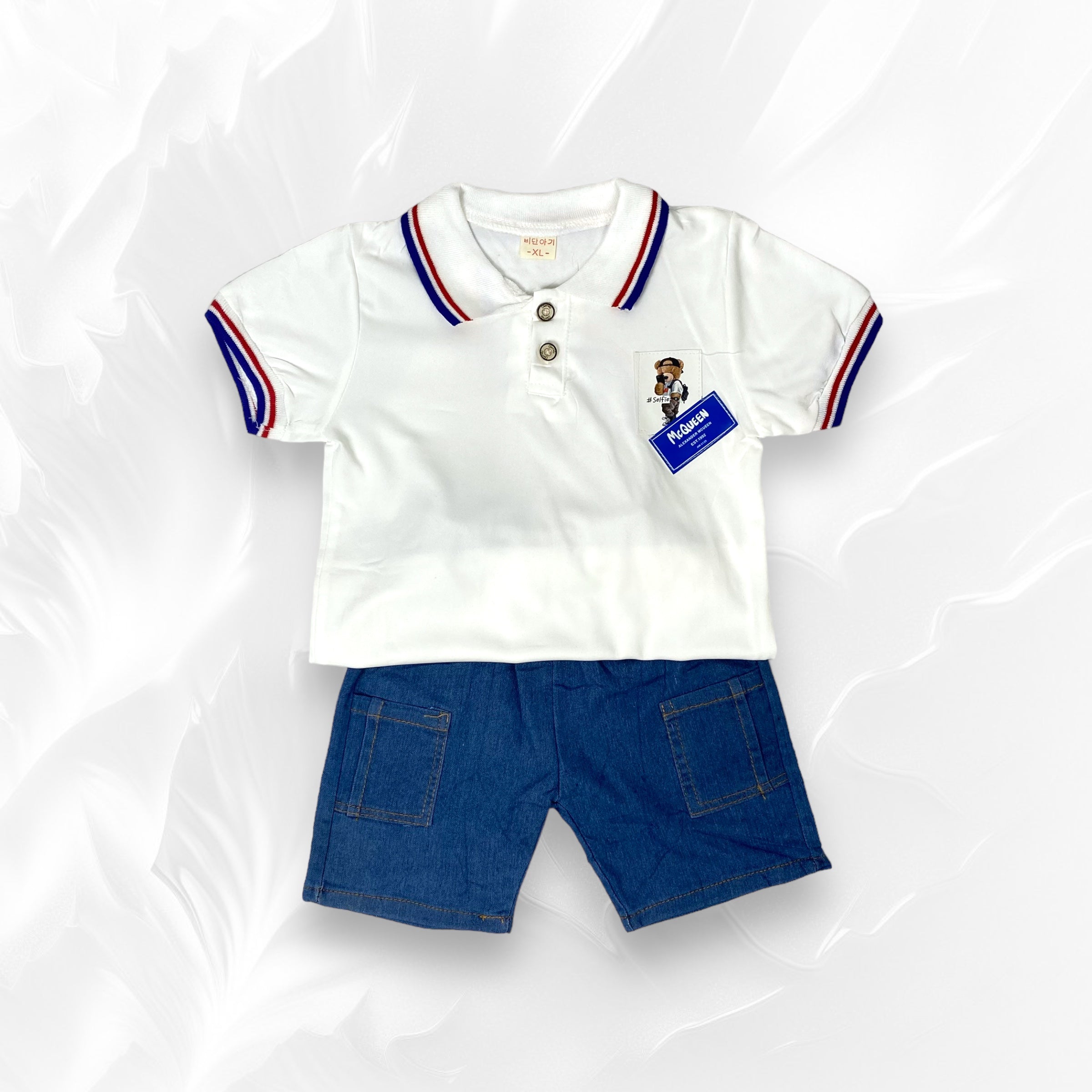 [345402] - Baju Setelan Kaos Polo Kerah Celana Pendek Denim Fashion Anak Cowok - Motif Square