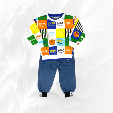 [345396-V1] - Baju Setelan Sweater Celana Jogger Fashion Anak Laki-Laki - Motif Emoticon Box