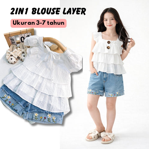 [363719] - Oneset Fashion Korea Anak Cewek Baju Setelan Blouse Celana Pendek Jeans Anak Perempuan - Motif Edge Flower