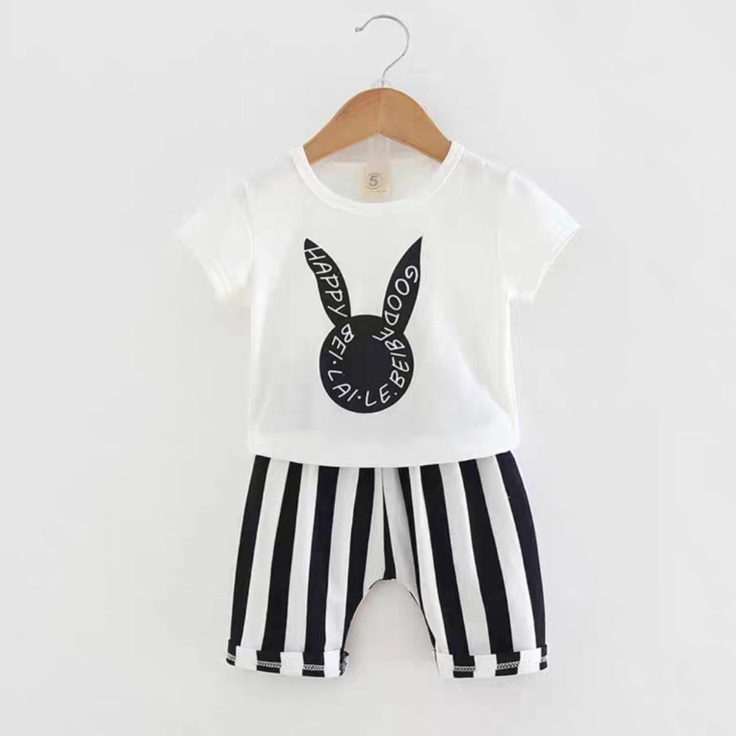 [102438] - Baju Setelan Kaos Lengan Pendek Fashion Import Anak Perempuan - Motif Rabbit Shadow